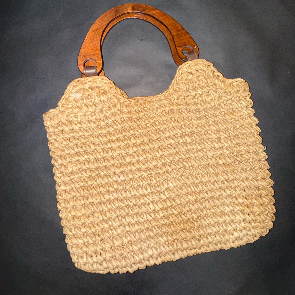 Boho Woven Straw Handbag Wooden Handle Summer Beach Purse - Picture 5 of 8
